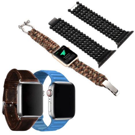 Set 4 Curele iUni compatibile cu Apple Watch 1/2/3/4/5/6/7, 42mm, Maro inchis, Albastru, Negru, Maro